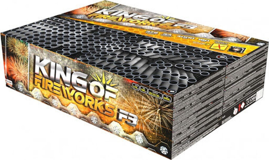 Stobru bloks, baterija, salūts "King fireworks 379", C379XMK/C - 379 šāvieni 20/25/30mm + vēdeklis